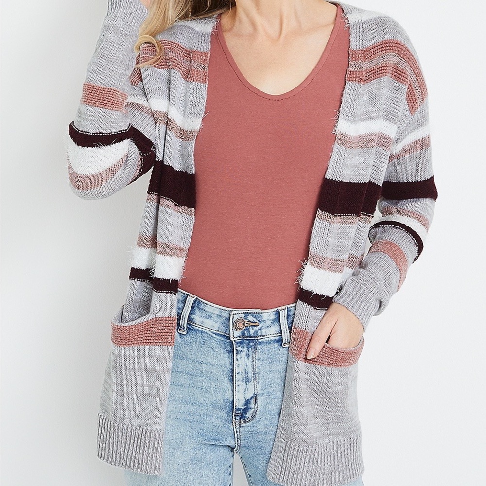 Maurices Gray Multi Pink Stripe pocket open front Cardigan- Large